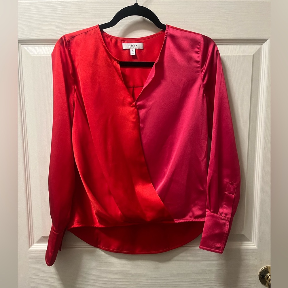 Milly Women's Satin Like Surplus Blouse - Vibrant Red‎ and Pink Sz P